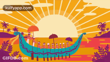 A Cartoon Of People In A Boat With Umbrellas GIF