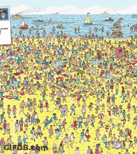 A Cartoon Of People On A Beach With A Sign That Says " Where 'S Walter " GIF