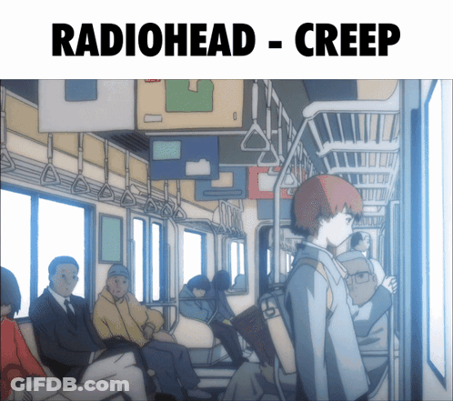 A Cartoon Of People On A Bus With The Words Radiohead - Creep Below Them GIF