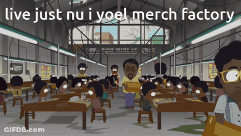 A Cartoon Of People Sitting At Tables With The Words Live Just Nu I Yoel Merch Factory Above Them GIF