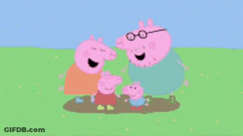 A Cartoon Of Peppa Pig And Her Family In A Muddy Field GIF