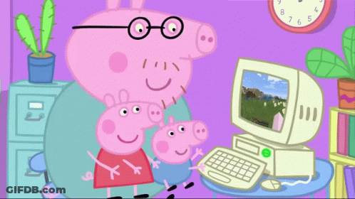 A Cartoon Of Peppa Pig And Her Mother Looking At A Computer Monitor GIF