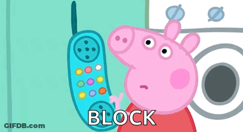 A Cartoon Of Peppa Pig Holding A Cell Phone With The Word Block Written On It GIF