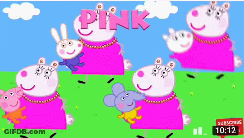 A Cartoon Of Peppa Pig In Pink Dresses With A Subscribe Button At The Bottom GIF