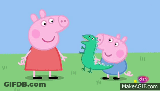 A Cartoon Of Peppa Pig Standing Next To A Green Lizard GIF