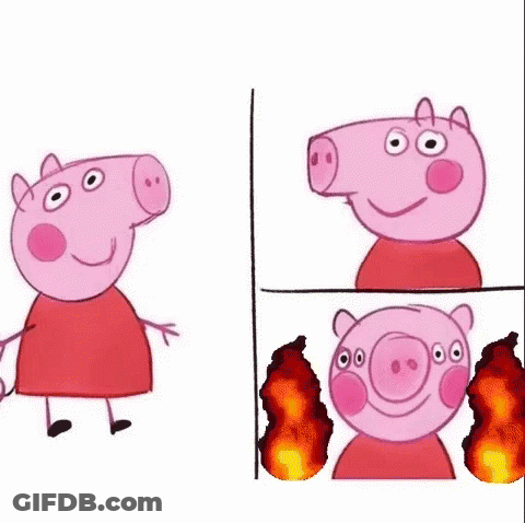 A Cartoon Of Peppa Pig Standing Next To A Picture Of A Pig With Flames Coming Out Of Its Mouth . GIF