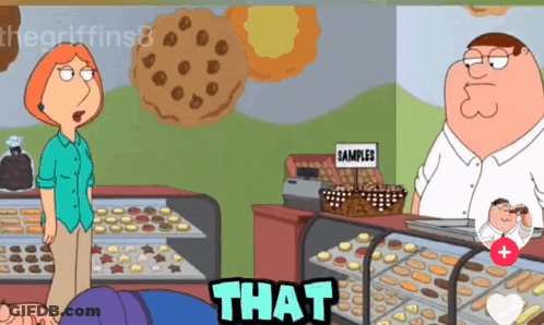 A Cartoon Of Peter Griffin And Lois Griffin In A Bakery With Samples In The Background GIF