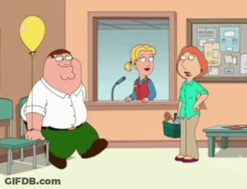 A Cartoon Of Peter Griffin And Lois Griffin Standing In A Waiting Room GIF