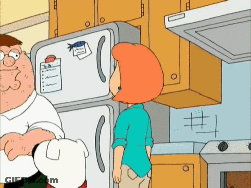 A Cartoon Of Peter Griffin And Lois Griffin Standing Next To A Refrigerator With A To Do List On It GIF