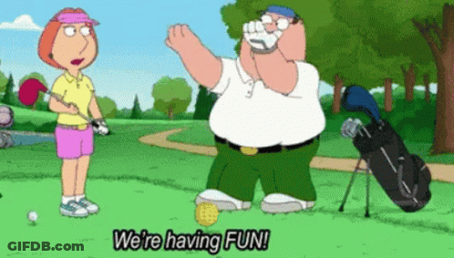A Cartoon Of Peter Griffin And Meg Griffin Playing Golf GIF
