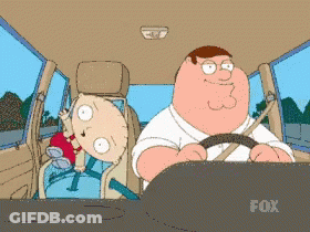 A Cartoon Of Peter Griffin Driving A Car With A Baby In The Back Seat GIF