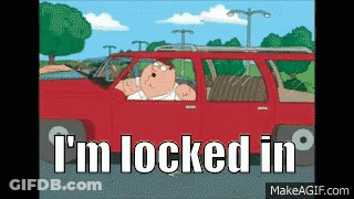 A Cartoon Of Peter Griffin Driving A Red Suv With The Words I 'M Locked In GIF