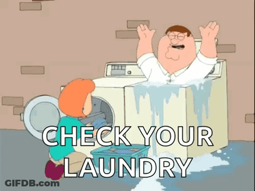 A Cartoon Of Peter Griffin Getting Out Of A Washing Machine With The Words Check Your Laundry Below Him GIF