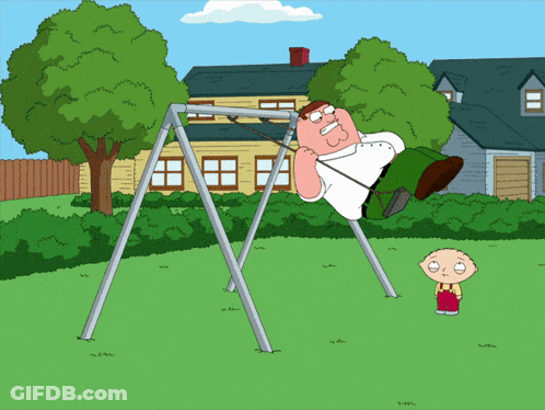 A Cartoon Of Peter Griffin Hanging Upside Down On A Swing Set GIF
