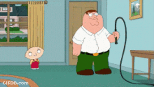 A Cartoon Of Peter Griffin Holding A Whip In A Living Room GIF