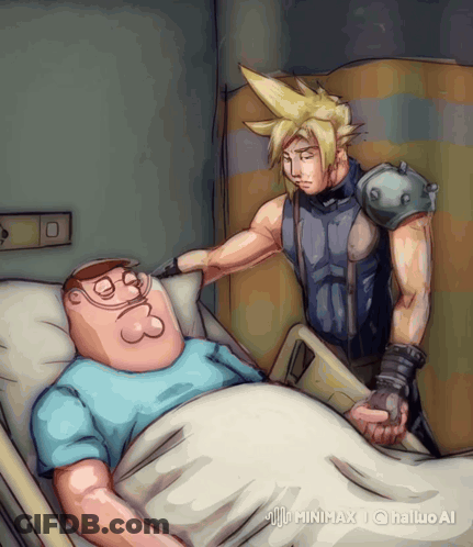 A Cartoon Of Peter Griffin In A Hospital Bed With Cloud Strife GIF