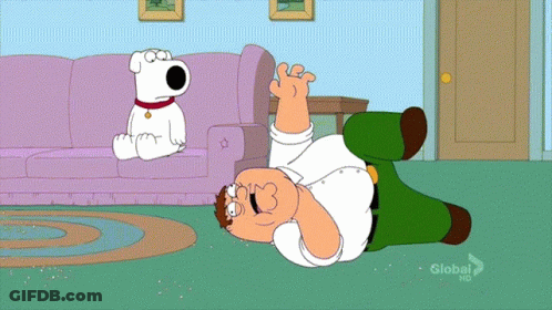 A Cartoon Of Peter Griffin Laying On The Floor With Brian Sitting On A Couch In The Background GIF