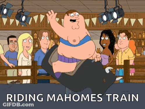 A Cartoon Of Peter Griffin Riding A Bull With The Caption " Riding Mahomes Train " GIF