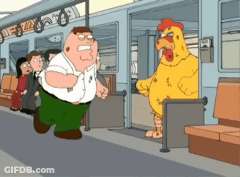 A Cartoon Of Peter Griffin Running Away From A Chicken On A Train GIF