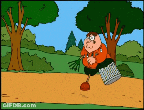 A Cartoon Of Peter Griffin Running With A Trash Can On His Leg GIF