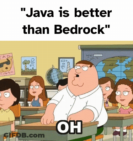 A Cartoon Of Peter Griffin Sitting At A Desk In A Classroom With The Words `` Java Is Better Than Bedrock '' . GIF