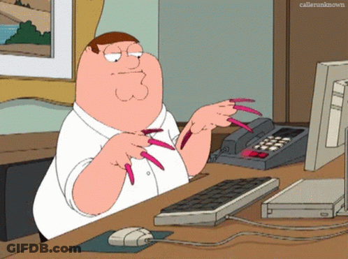 A Cartoon Of Peter Griffin Sitting At A Desk With Long Pink Nails GIF