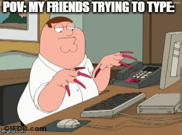 A Cartoon Of Peter Griffin Sitting At A Desk With Long Red Nails GIF
