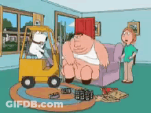 A Cartoon Of Peter Griffin Sitting On A Couch With A Forklift Behind Him GIF