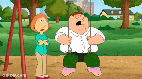 A Cartoon Of Peter Griffin Sitting On A Swing With A Woman Standing Next To Him GIF