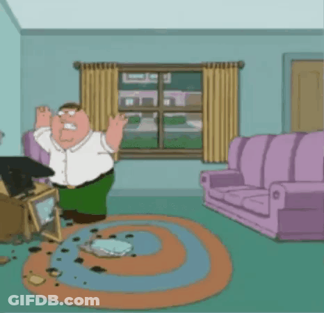 A Cartoon Of Peter Griffin Standing In A Living Room With A Couch GIF
