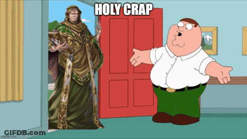 A Cartoon Of Peter Griffin Standing In Front Of A Door That Says Holy Crap On It GIF