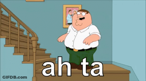 A Cartoon Of Peter Griffin Standing On A Set Of Stairs With Ah Ta Written On The Bottom GIF