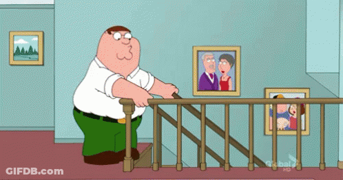 A Cartoon Of Peter Griffin Standing On The Stairs GIF