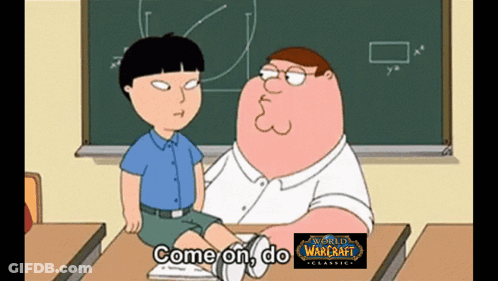 A Cartoon Of Peter Griffin Talking To A Boy With A World Of Warcraft Logo In The Background GIF