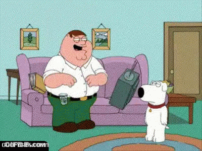 A Cartoon Of Peter Griffin Talking To A Dog In A Living Room GIF