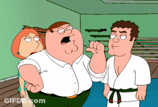 A Cartoon Of Peter Griffin Talking To A Man In A Karate Uniform GIF
