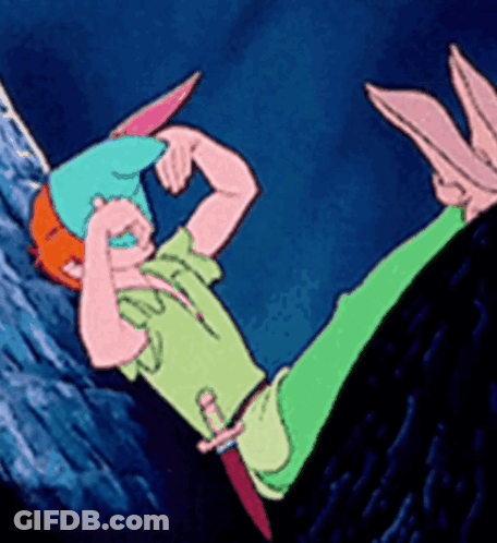 A Cartoon Of Peter Pan Laying On The Ground With His Arms Outstretched GIF