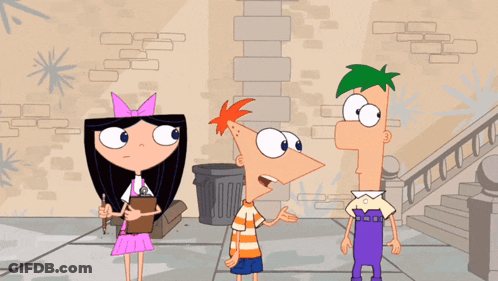 A Cartoon Of Phineas And Ferb Standing In Front Of A Wall GIF