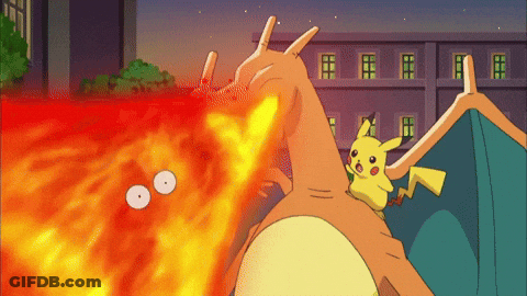 A Cartoon Of Pikachu And A Dragon With Flames Coming Out Of Its Mouth GIF