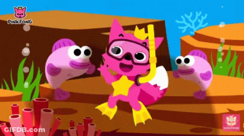 A Cartoon Of Pinkfong With Fish And Corals GIF