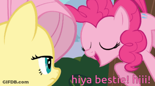 A Cartoon Of Pinkie Pie And Fluttershy With The Words " Hiya Bestie ! Hiii ! " GIF