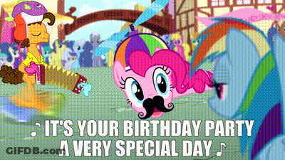 A Cartoon Of Pinkie Pie And Rainbow Dash With The Words " It 'S Your Birthday Party A Very Special Day " Below Them GIF