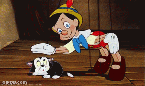 A Cartoon Of Pinocchio Petting A Black And White Cat With The Words Fydisneymisfits Tic-The-Tiger At The Bottom GIF
