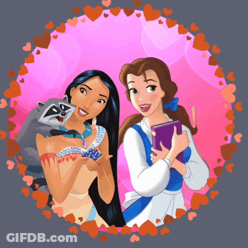 A Cartoon Of Pocahontas And Belle With A Raccoon GIF