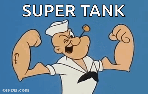 A Cartoon Of Popeye Flexing His Muscles With The Words Super Tank Behind Him GIF