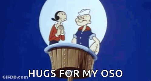 A Cartoon Of Popeye Hugging A Man In A Heart With The Words Hugs For My Oso On The Bottom GIF