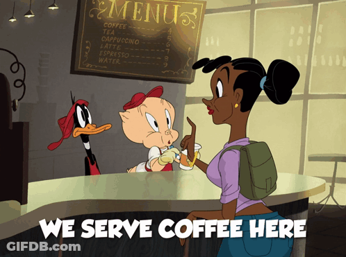 A Cartoon Of Porky Pig Talking To A Woman At A Coffee Shop With The Words We Serve Coffee Here GIF