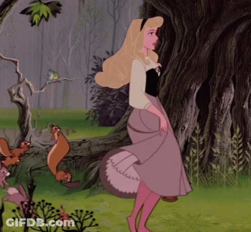 A Cartoon Of Princess Aurora Standing In A Forest GIF