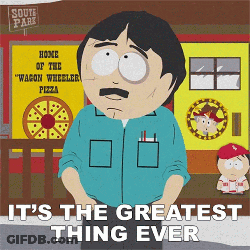Cartoon Randy From South Park In Front Of Pizza Shop GIF