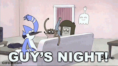 A Cartoon Of Regular Show Characters Sitting On A Couch With The Words Guy 'S Night GIF
